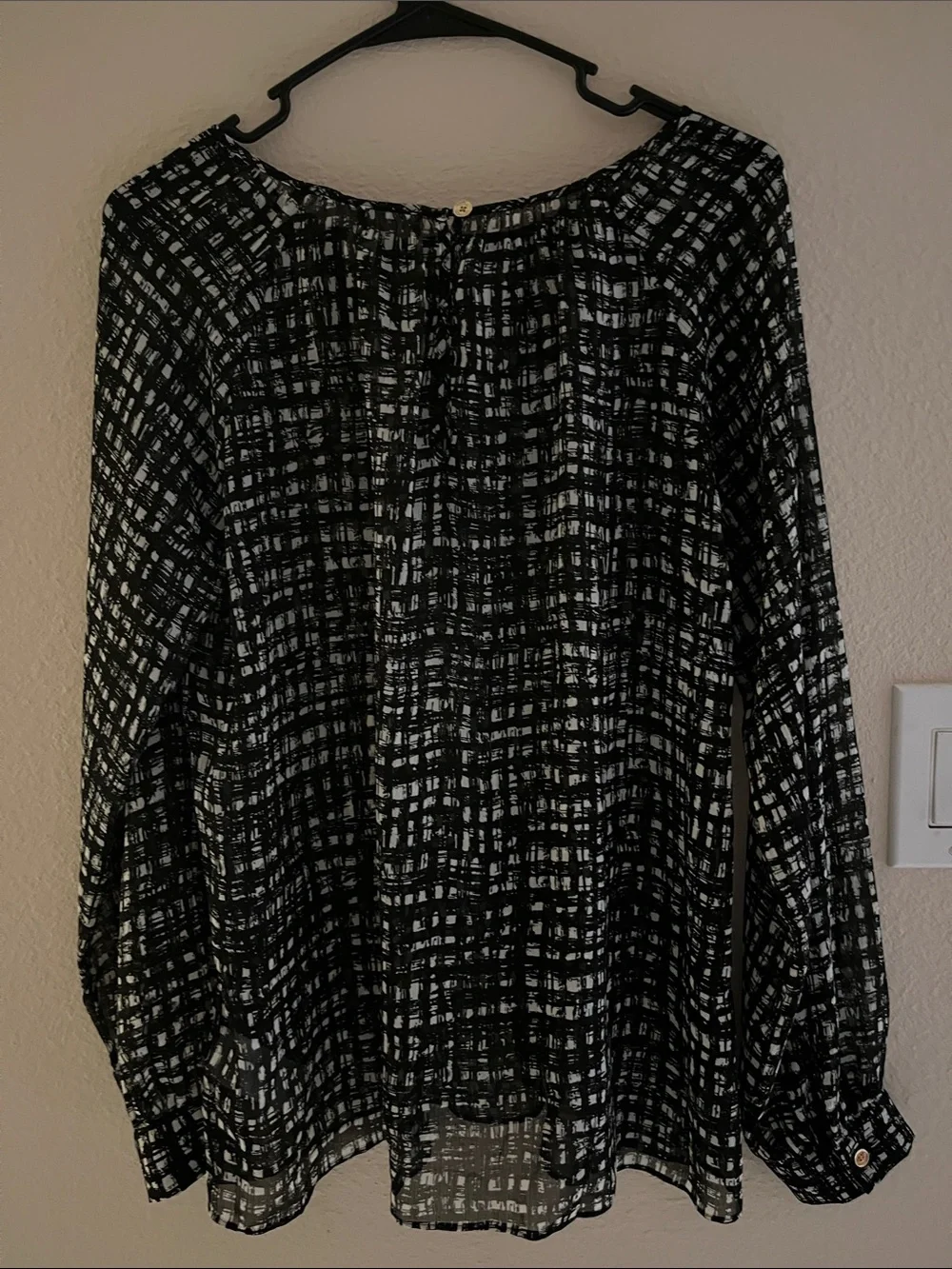 Michael Kors Black and White Grid-Print Long-Sleeve Blouse